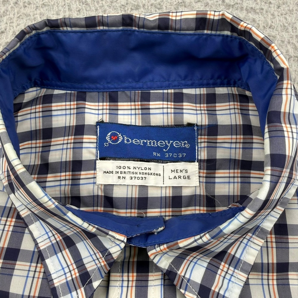 Obermeyer Button Down Shirt Men Large Blue Plaid Nylon Long Sleeve Vintage